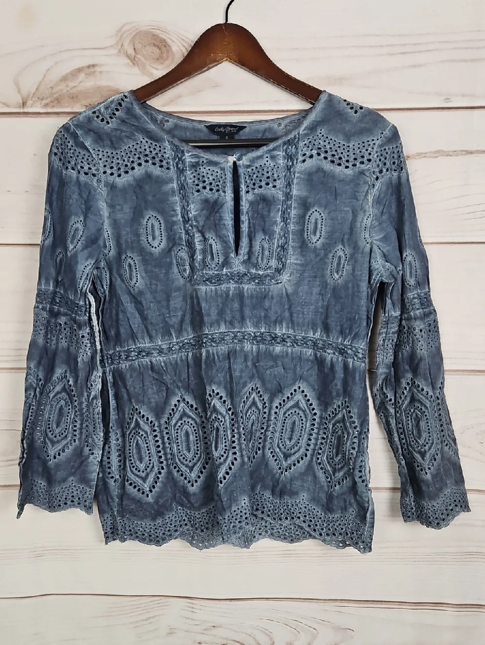 Lucky Brand Blue Acid Wash Eyelet Embroidered Boho Peasant Top | Small - Picture 1 of 11